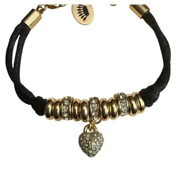 Juicy Couture Bracelet Pave Crystal Heart Charm Gold Beads Black Cord 6”-6.5 - Picture 4 of 6